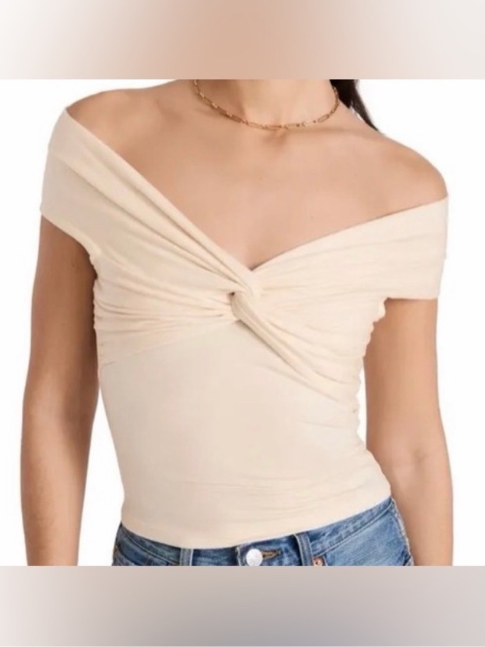 Off-Shoulder Twist Front Cream Ezlynn Reformation Top
